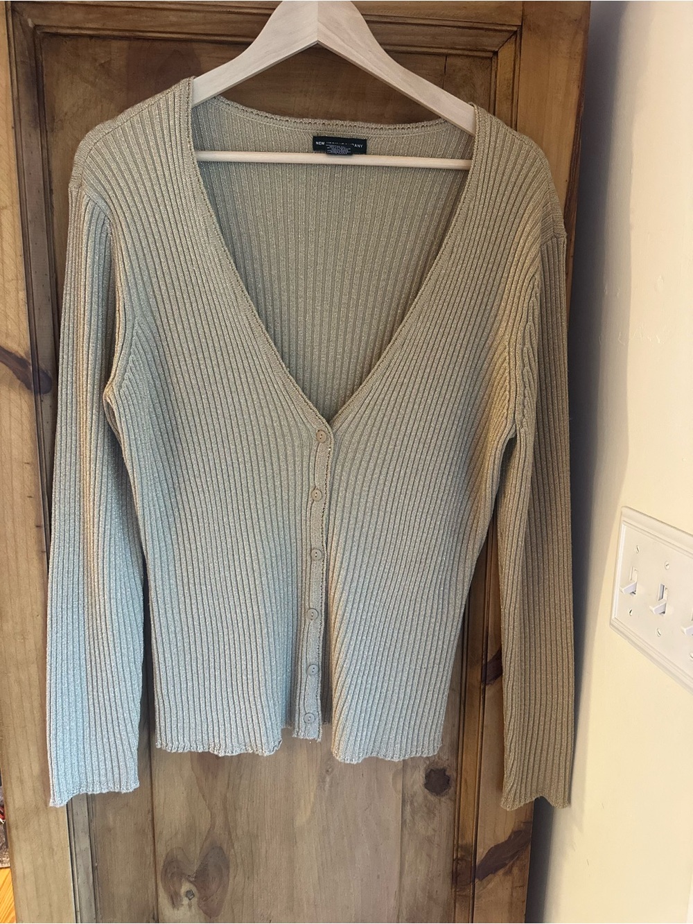 Ribbed V-Neck Button Cardigan Sweater Beige/ Gold